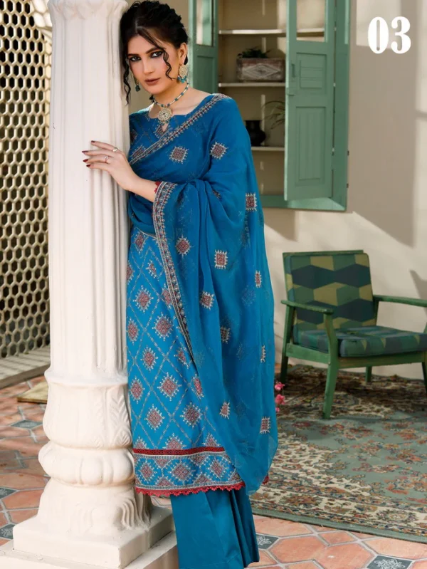 Manizay Saqafat Premium Embroidered Lawn Unstitched 3Pc Suit D-03 - Image 2