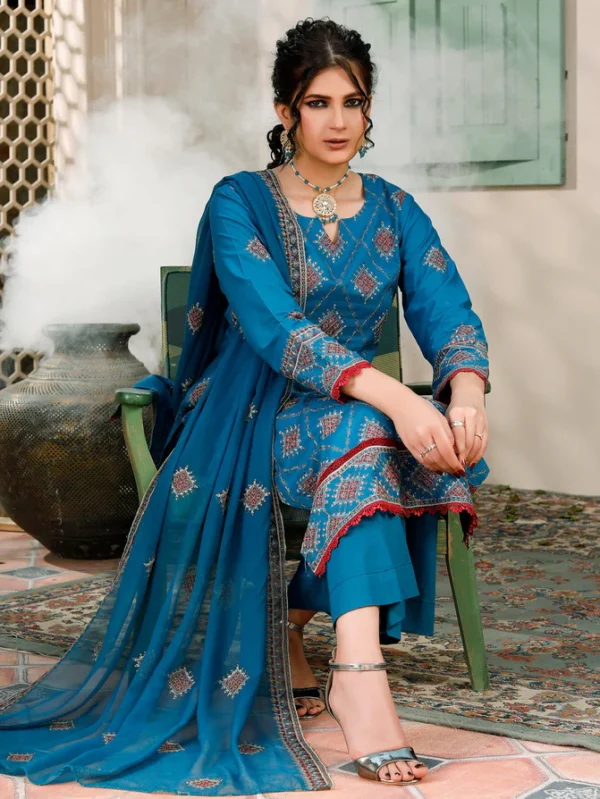 Manizay Saqafat Premium Embroidered Lawn Unstitched 3Pc Suit D-03 - Image 4