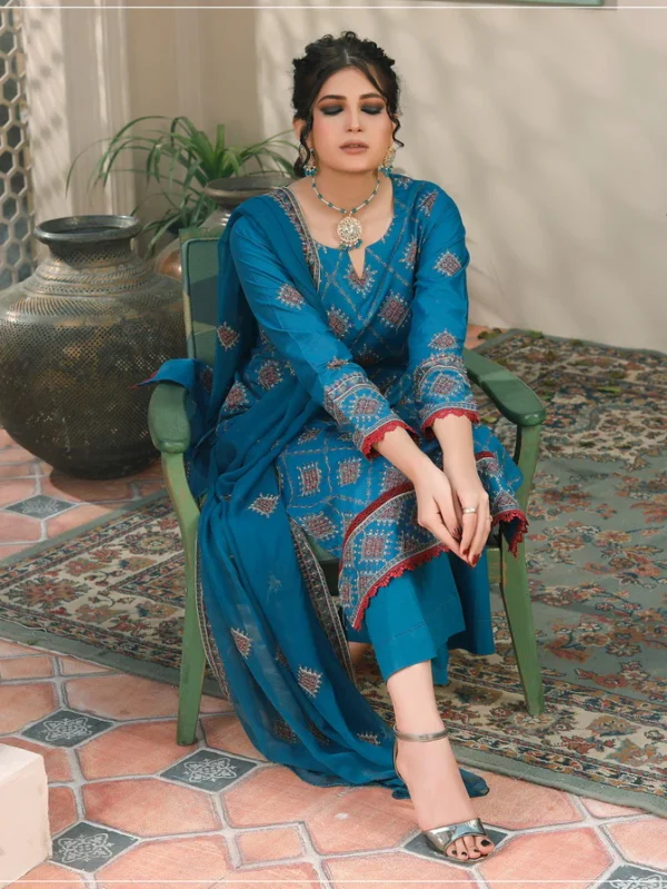 Manizay Saqafat Premium Embroidered Lawn Unstitched 3Pc Suit D-03 - Image 3